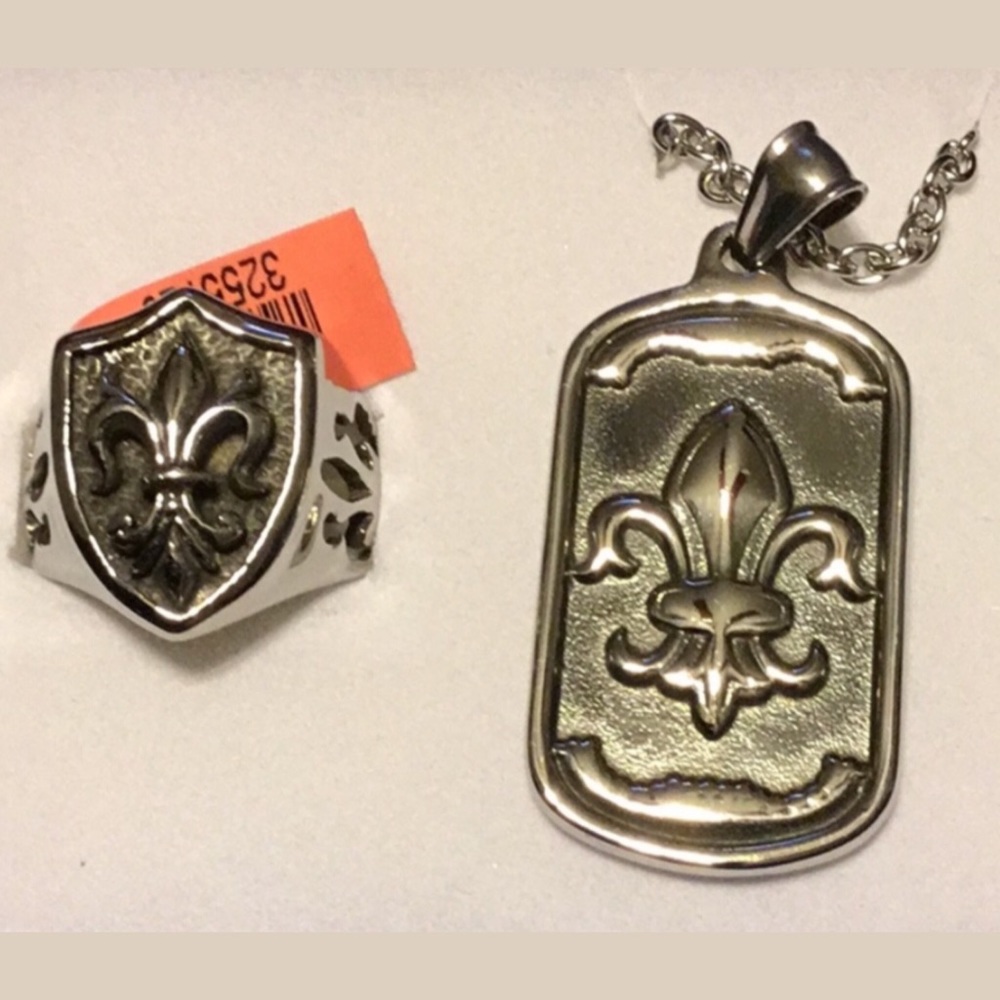 Black Oxidized Stainless Steel Men's Ring and necklace set - Picture 3 of 6